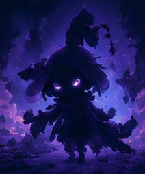A dark violet silhouette of Kairo with two faintly glowing eyes